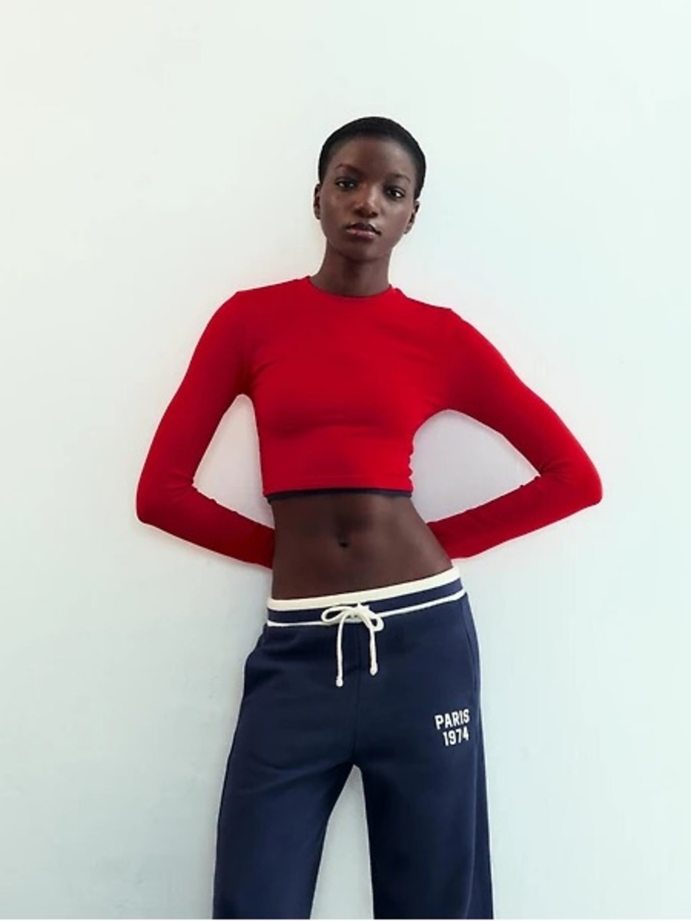 ZARA Red Cropped Double Effect Long Sleeve Top